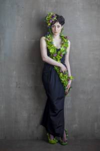 botanical headpiece, shoes and jewelry, photo by Ted Mishima
